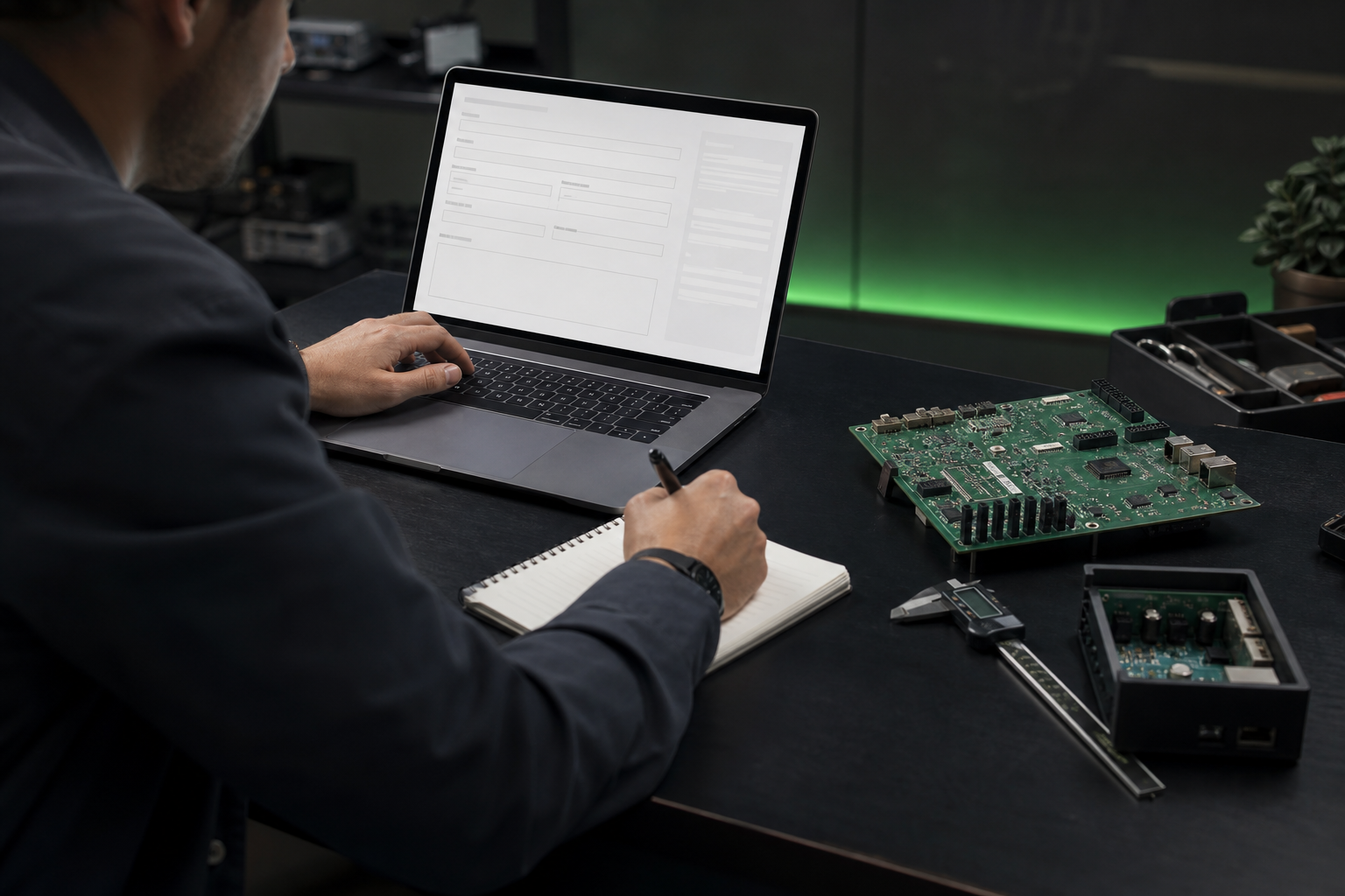 Inżynier uzupełniający brief projektu przy laptopie i płytce prototypowej